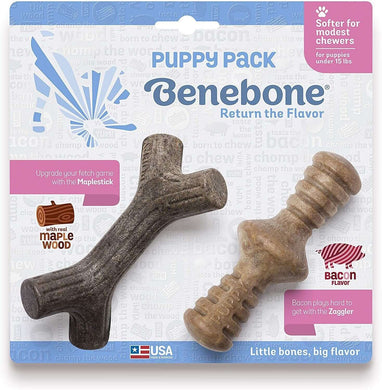 Benebone Tiny 2 Pack Stick & Zaggler Bacon Puppy chew toys for teething pups, made with maple wood and bacon flavor.