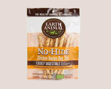 Earth Animal No-Hide Chicken Recipe Dog Stix package, a healthy rawhide alternative for dogs.