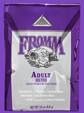 Fromm Classic Adult Dog Food bag, 15 lbs, featuring chicken, brown rice, and added vitamins, in purple packaging.