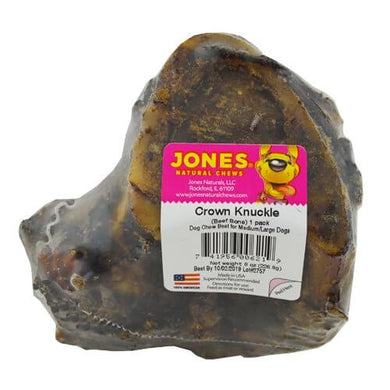 JONES Crown Knuckle beef bone for medium to large dogs, natural chew treat with liquid smoke flavor.