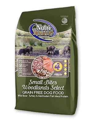NutriSource Small Bites Woodlands Select Grain-Free Dog Food bag featuring wild boar, turkey, and fish meal protein.