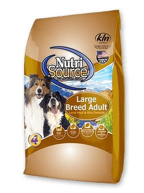 NutriSource Large Breed Lamb & Rice Recipe Dog Food bag, designed for adult dogs with balanced nutrition.
