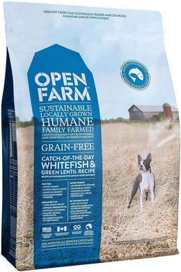 Open Farm Catch-of-the-Season Whitefish & Green Lentil dog food bag featuring grain-free, sustainably sourced ingredients.