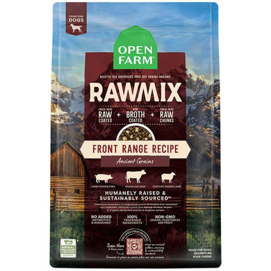 Open Farm RawMix Front Range Ancient Grain dog food bag featuring nutritious ingredients and sustainable sourcing.