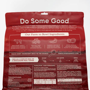 Open Farm beef dog food packaging highlighting farm-to-bowl ingredients and humane sourcing practices.