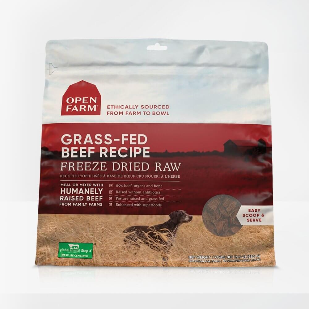 Open Farm Grass-Fed Beef Freeze Dried Raw Dog Food 13.5oz packaging with easy scoop and serve design.