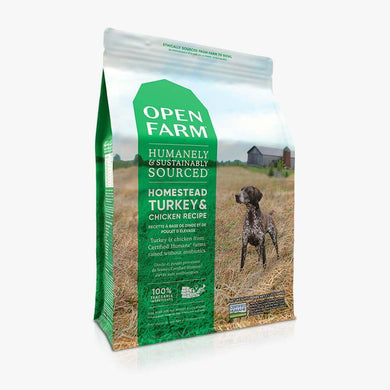 Open Farm Homestead Turkey & Chicken for Dogs packaging, high protein, humane and sustainable pet food.