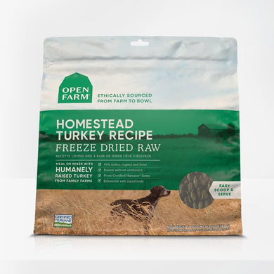 Open Farm Homestead Turkey Freeze Dried Raw Dog Food packaging featuring ethically sourced ingredients.