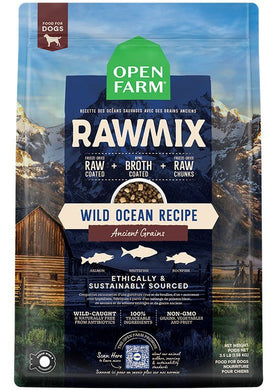 Open Farm RawMix Ocean Fish Ancient Grain dog food featuring wild-caught fish and nutritious ingredients.