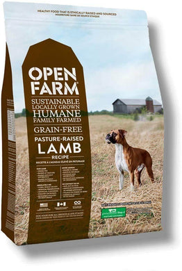 Open Farm Pasture-Raised Lamb for dogs, grain-free formula with sustainable ingredients and high protein.
