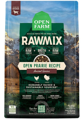 Open Farm Prairie Ancient Grain Raw Mix for Dogs features protein-rich kibble with freeze-dried raw chicken and turkey.