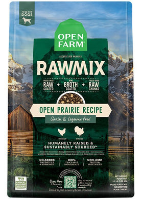 Open Farm Prairie Grain-Free Raw Mix for dogs featuring raw coated kibble, chicken & turkey chunks.