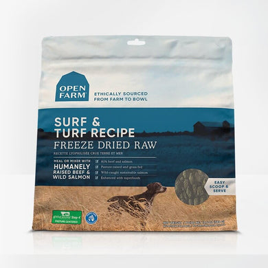 Open Farm Surf & Turf Freeze Dried Raw Dog Food, featuring grass-fed beef and wild salmon, easy to serve dog meal.