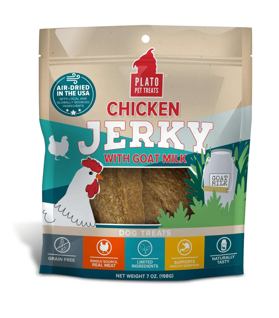 Plato Chicken Jerky with Goat's Milk packaging, 7oz, natural dog treats, grain-free, made with USA sourced ingredients.