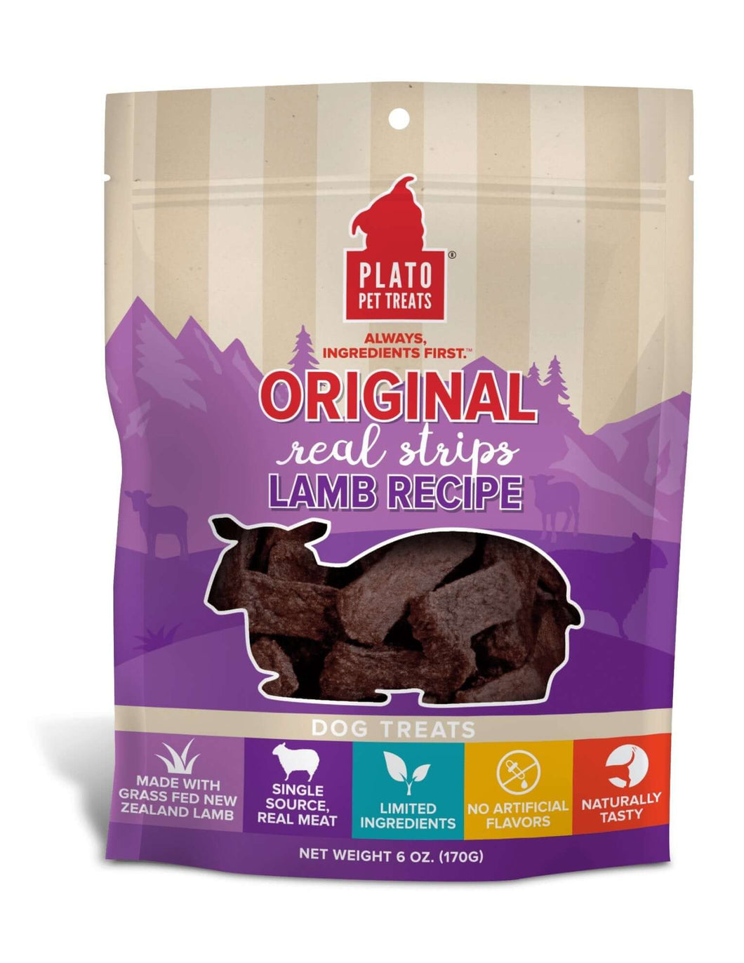 Plato Real Strip Lamb Treats packaging with dog treats made from New Zealand lamb, featuring natural ingredients.