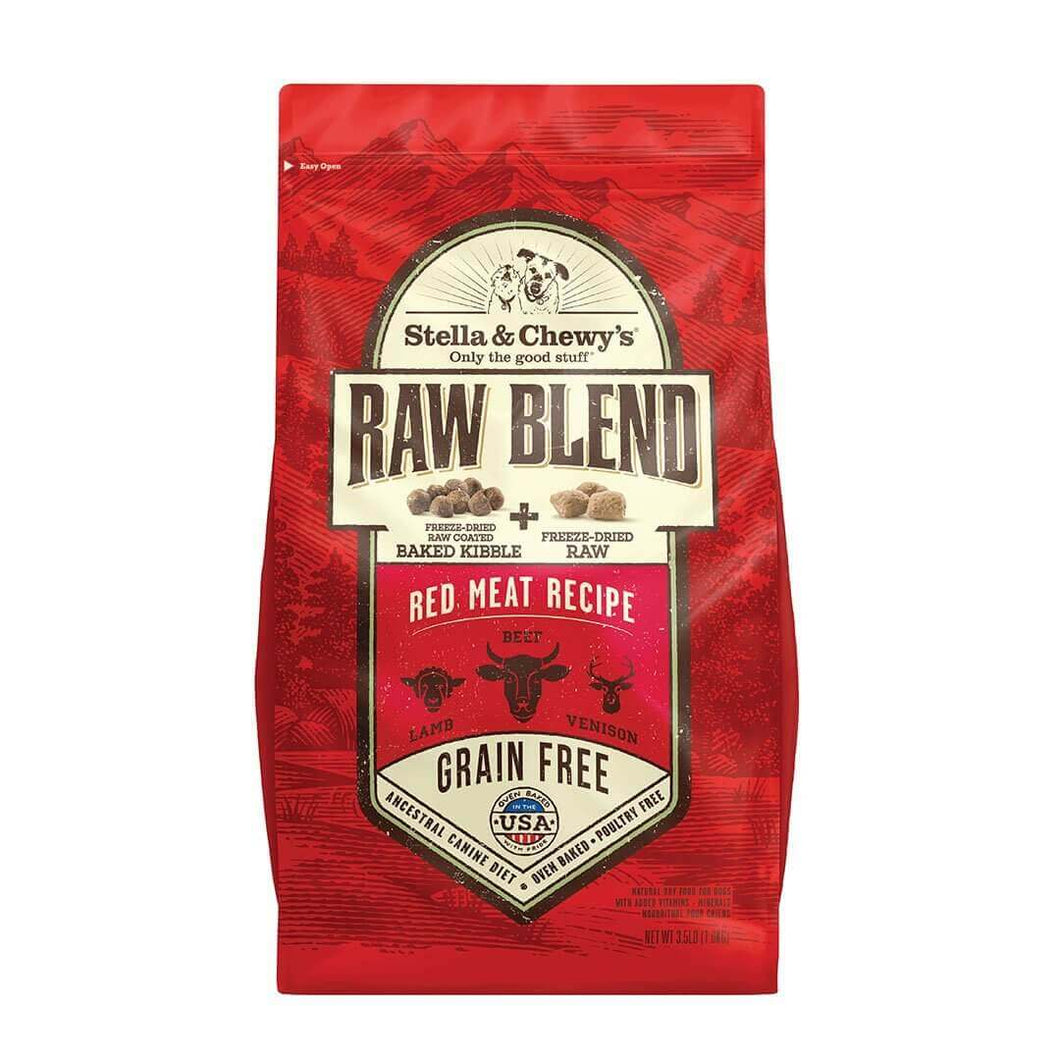 Stella & Chewy's Red Meat Raw Blend kibble bag, grain-free, high-protein, freeze-dried raw pieces.