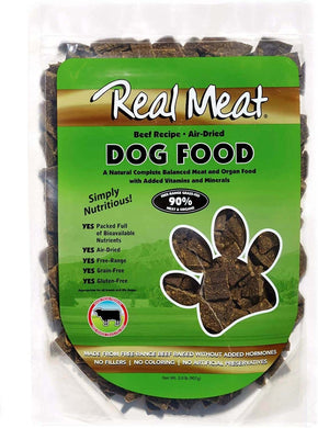 Real Meat Company air-dried beef dog food, nutritious with added vitamins, made from high-quality natural ingredients.