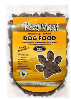 Real Meat Company air-dried chicken dog food bag, high meat content, nutritious natural ingredients, vitamins and minerals.